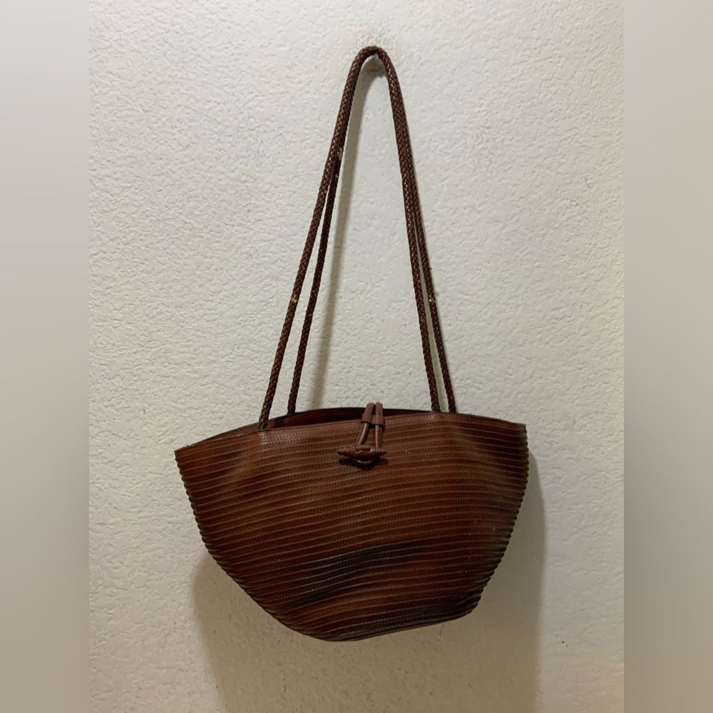 Talbots Leather Woven bucket Bag top open
